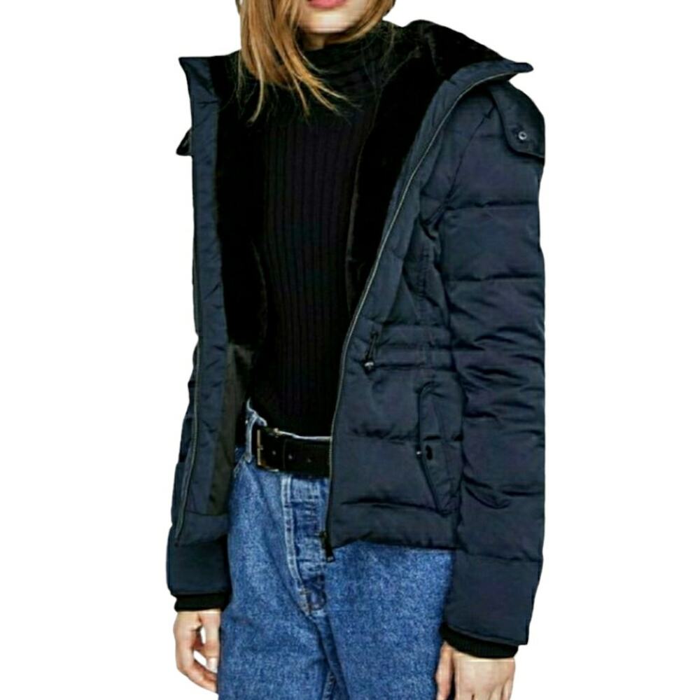 ZARA Woman feather down faux fur collar puffer winter jacket navy blue Size XS - Picture 9 of 9